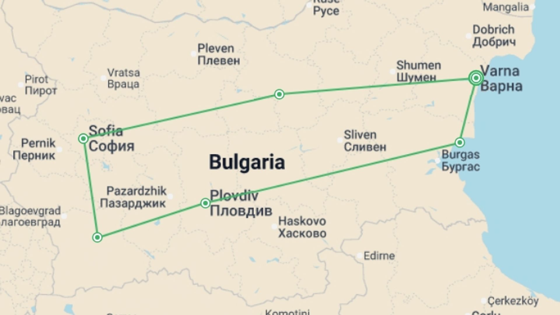 A map showing the tour itinerary for the trip: Amazing Bulgaria, French-speaking Guide, starting in Varna, Bulgaria and ending in Varna, Bulgaria going through 4 other destinations.