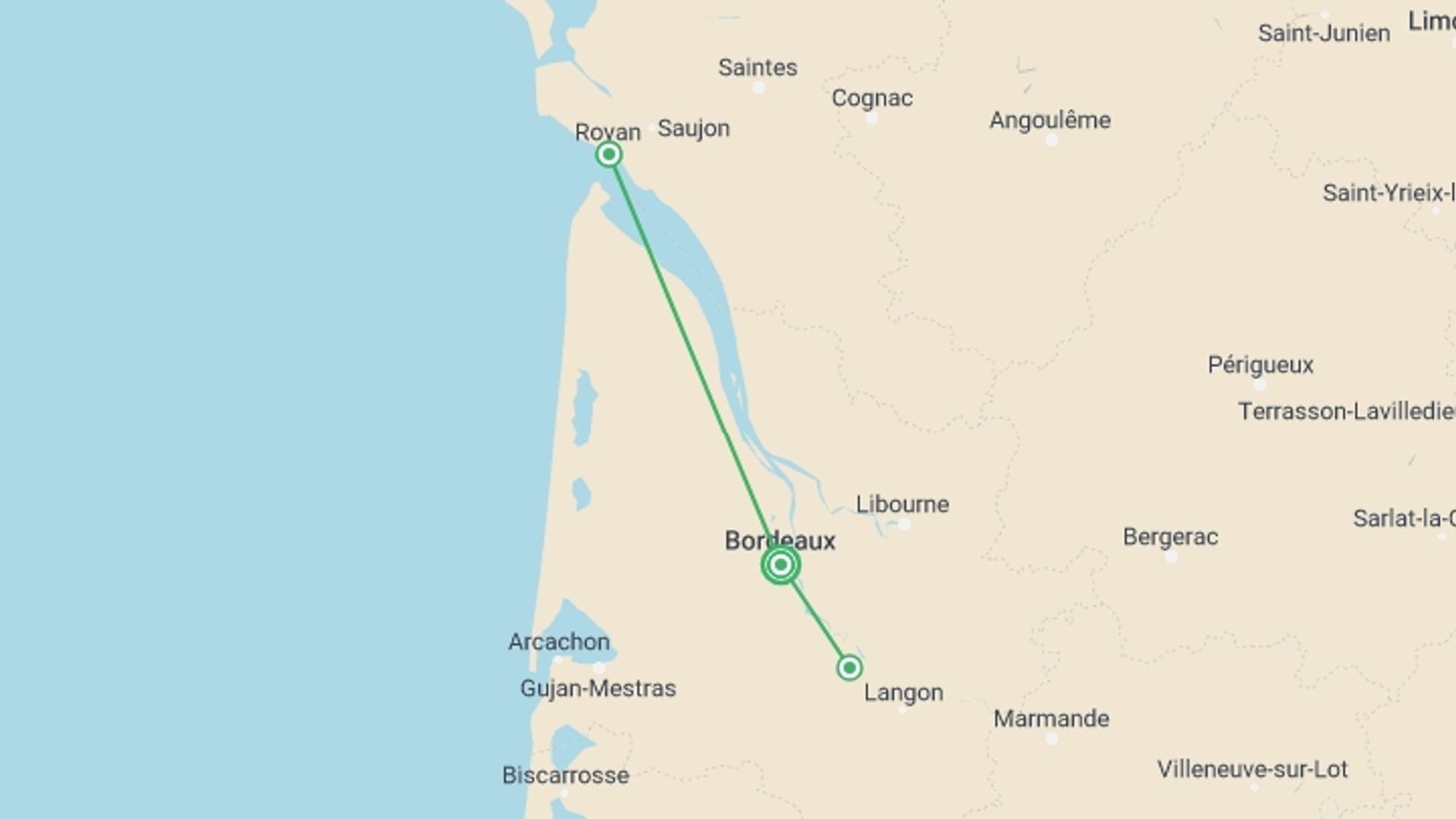 A map showing the tour itinerary for the trip: Enchanting Gironde, Garonne and Dordognes Cruise, starting in Bordeaux, France and ending in Bordeaux, France going through 1 other destinations.