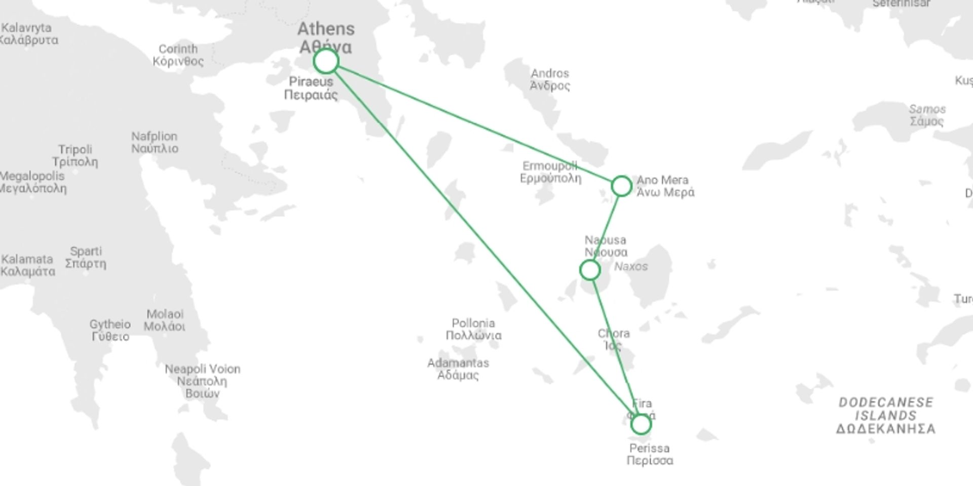 A map showing the tour itinerary for the trip: Delve Deep: Greek Islands, starting in Athens, Greece and ending in Athens, Greece going through 4 other destinations.