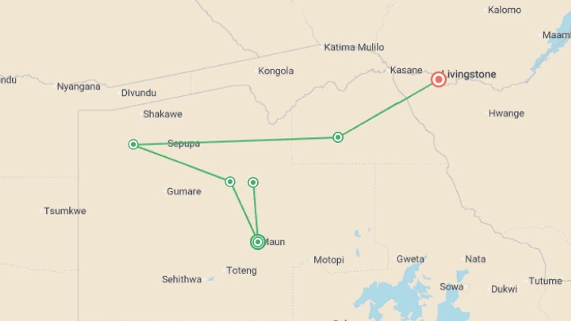 A map showing the tour itinerary for the trip: Upgraded - Botswana Wildlife Safari, starting in Maun, Botswana and ending in Victoria Falls, Zimbabwe going through 4 other destinations.