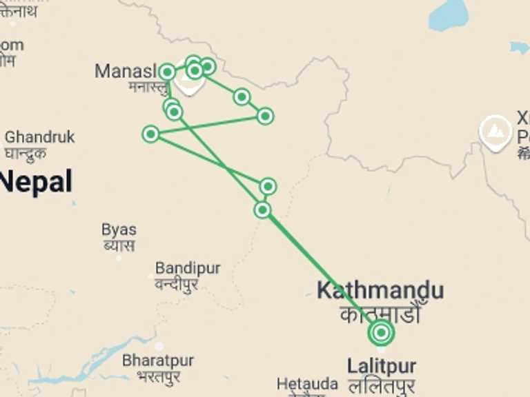 Map itinerary of Nepal Tour in Winter with 13 destination visits for the trip:  Manaslu Circuit Trek: 13 Days
