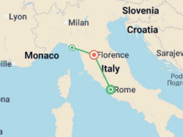 Map of a Train Tour with 4 destination visits for the trip: Jewels of Italy and Cinque Terre by Rail