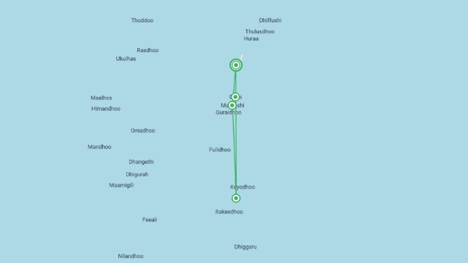 A map showing the tour itinerary for the trip: Maldives Sea Turtle Conservation Cruise - 8 days, starting in Male, Maldives and ending in Male, Maldives going through 3 other destinations.