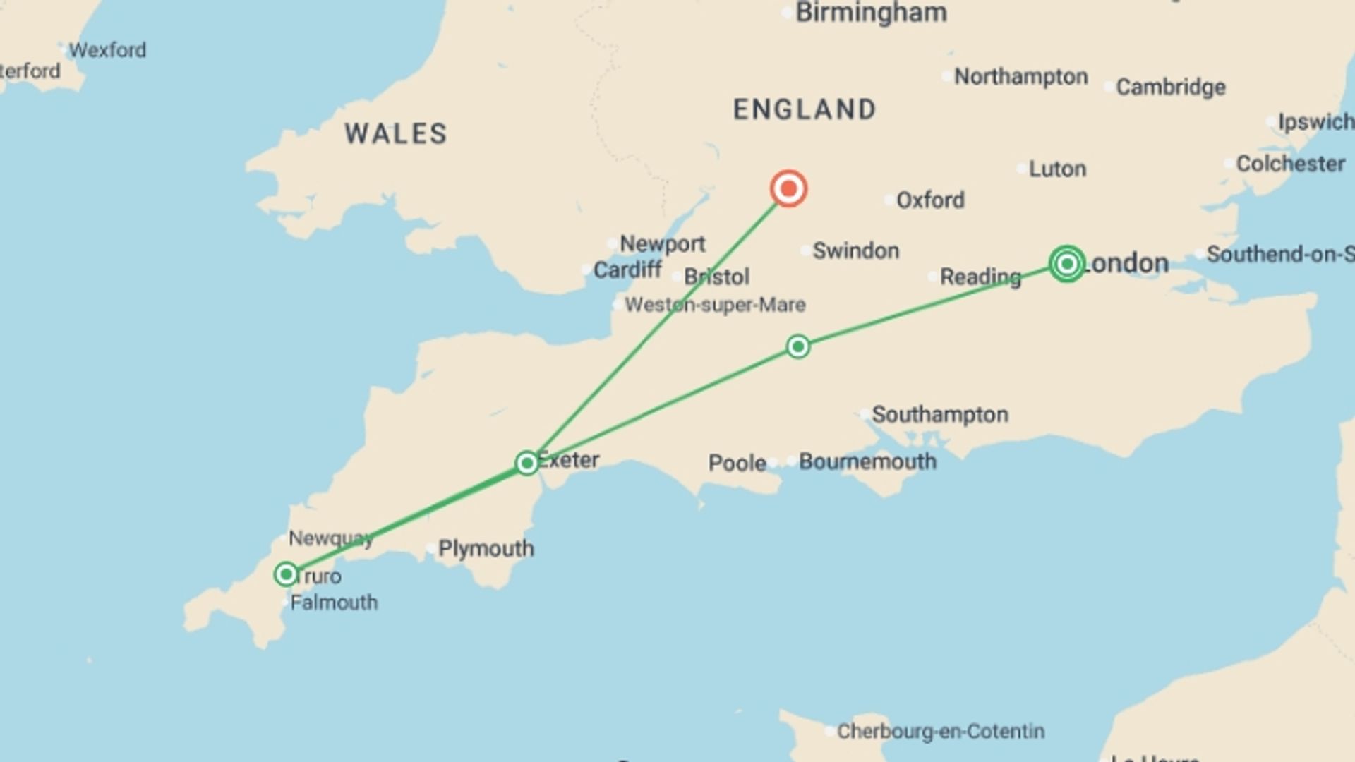 A map showing the tour itinerary for the trip: Shades of the English Countryside featuring London, Cornwall & The Cotswolds, starting in London, England and ending in Cotswolds, England going through 3 other destinations.