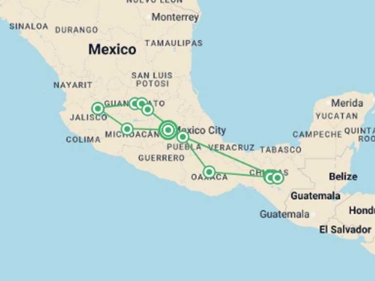 Map of Mexico Tour with 9 destination visits for the trip: Mexican dream