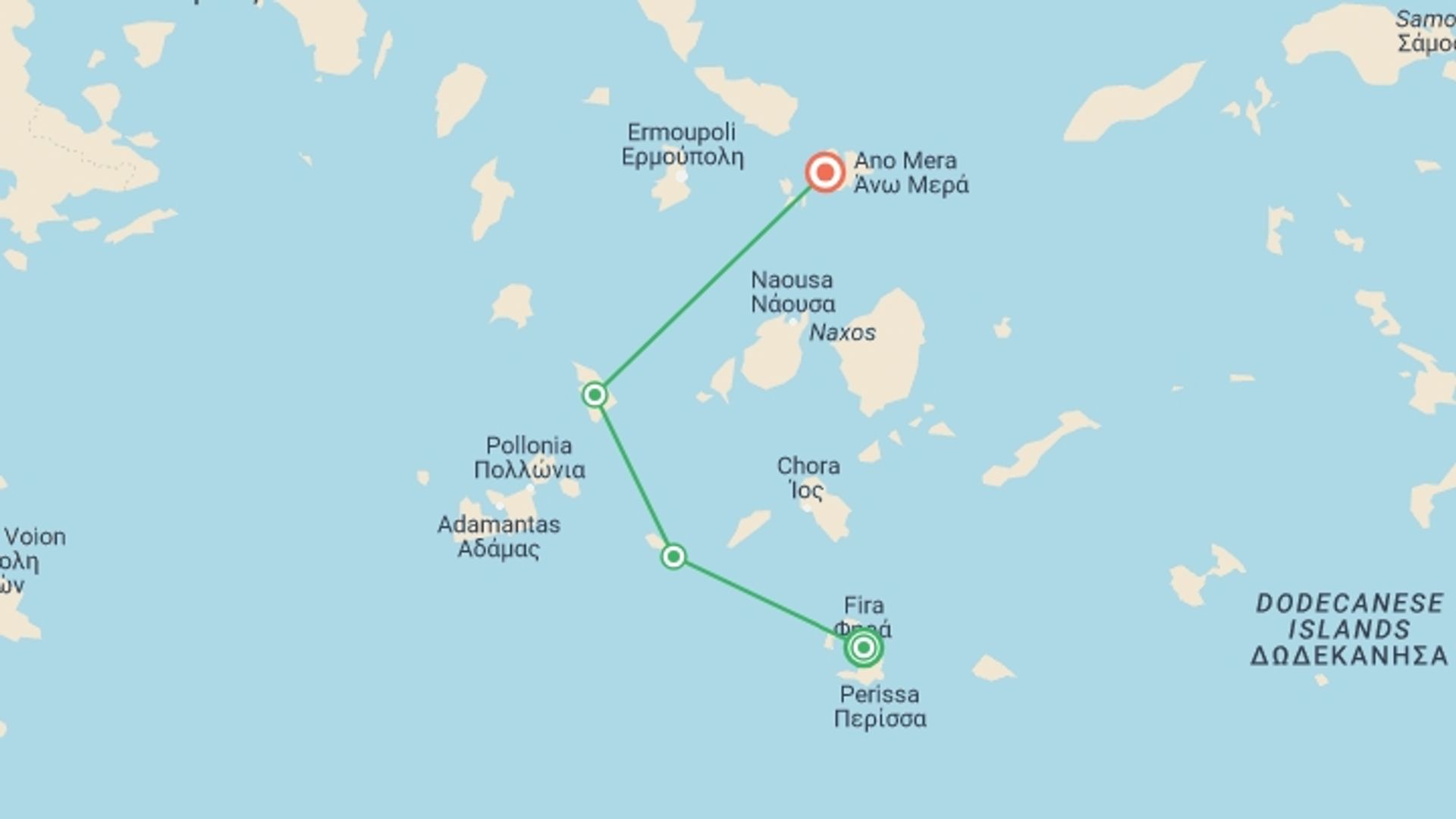 A map showing the tour itinerary for the trip: Sailing Greece - Santorini to Mykonos, starting in Santorini, Greece and ending in Mykonos, Greece going through 2 other destinations.