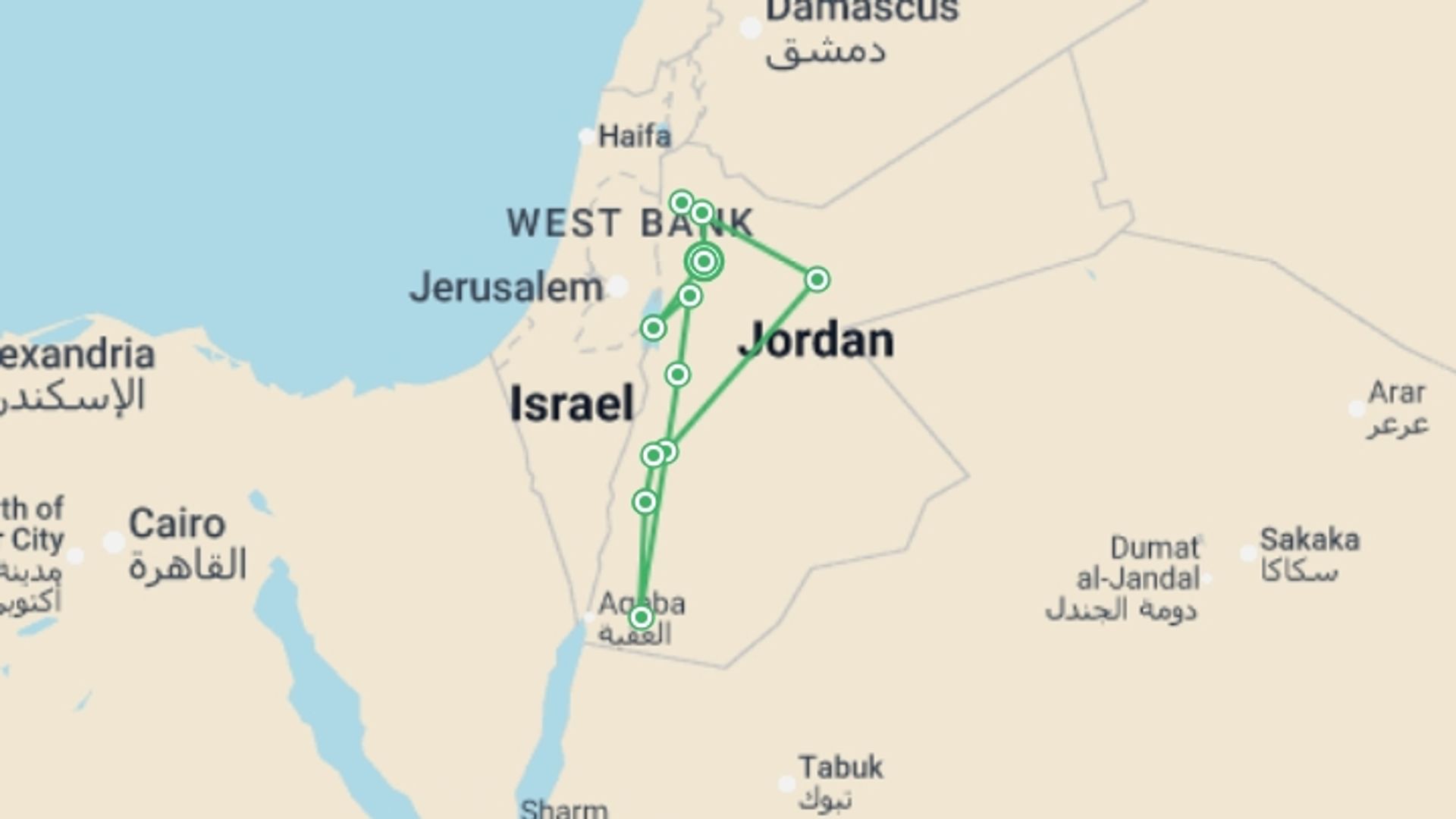 A map showing the tour itinerary for the trip: Jordan Wildlife &  Nature - 12 days, starting in Amman, Jordan and ending in Amman, Jordan going through 7 other destinations.