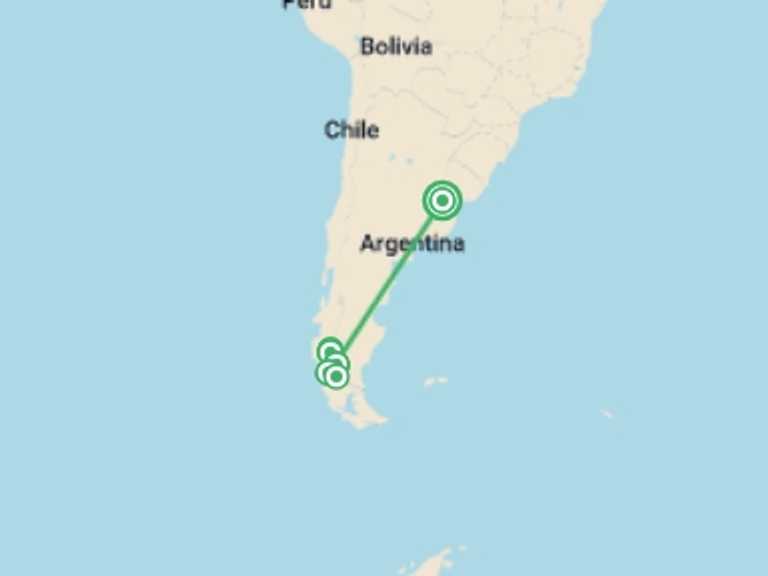 Map of Argentina Trekking and Hiking Tour with 7 destination visits for the trip: Hiking in Patagonia - Glaciers & Torres del Paine