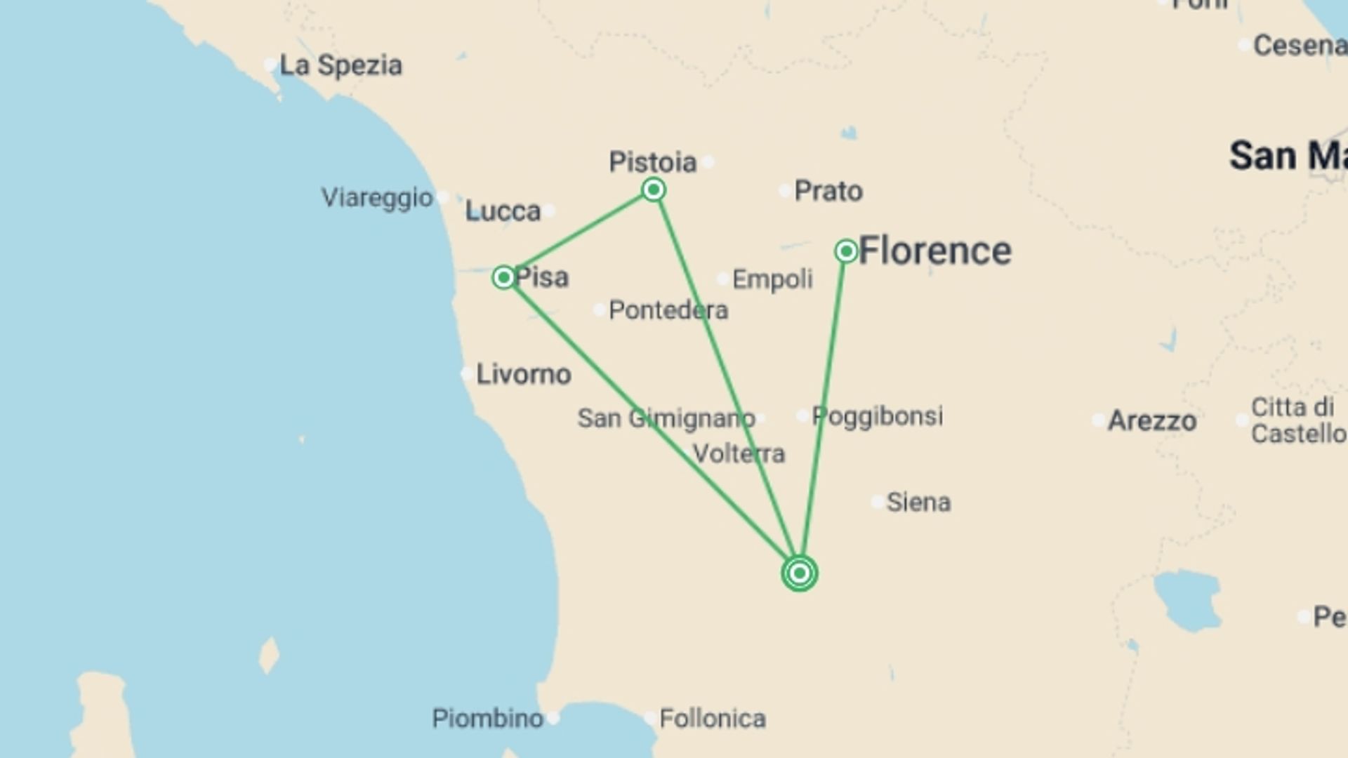A map showing the tour itinerary for the trip: Tuscany Wellness & Cultural Escape, starting in Tuscany, Italy and ending in Tuscany, Italy going through 3 other destinations.