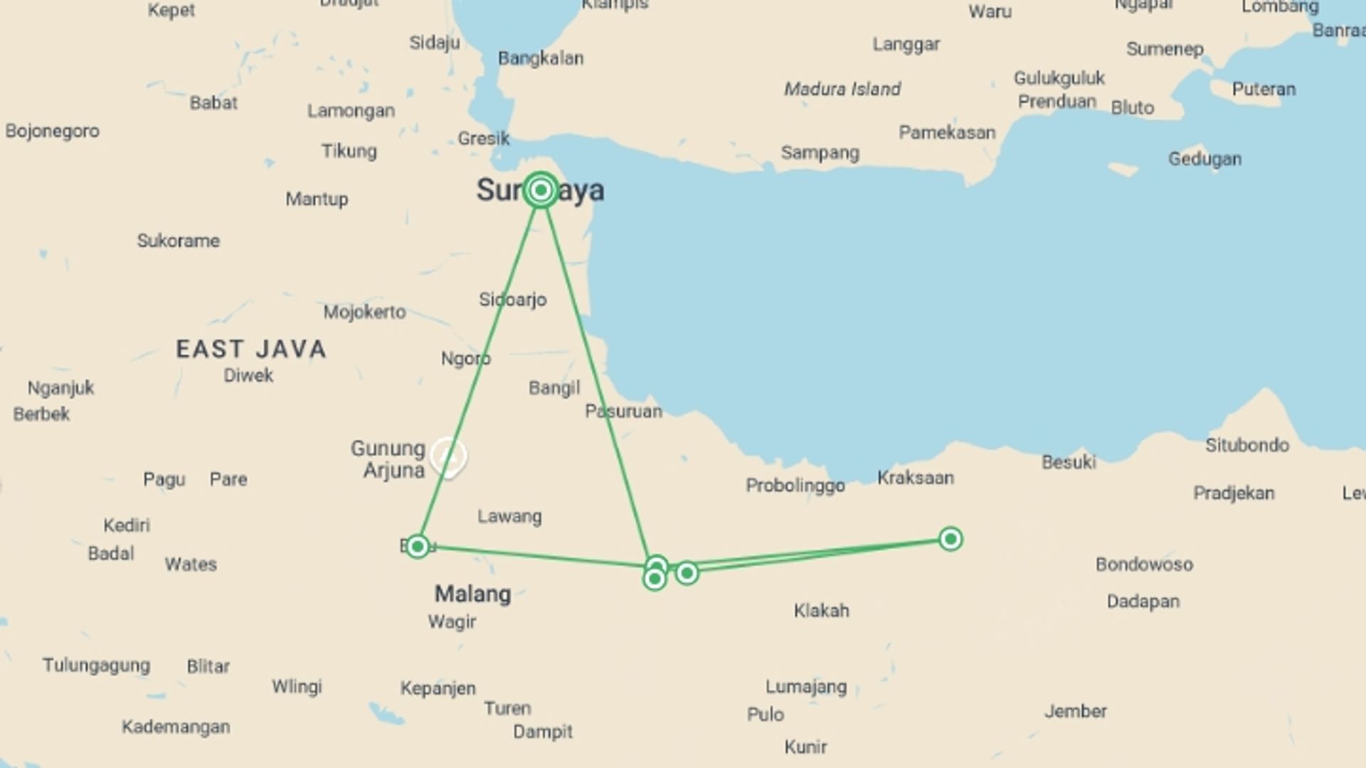 A map showing the tour itinerary for the trip: Four Day Enduro in East Java, starting in Surabaya, Indonesia and ending in Surabaya, Indonesia going through 4 other destinations.