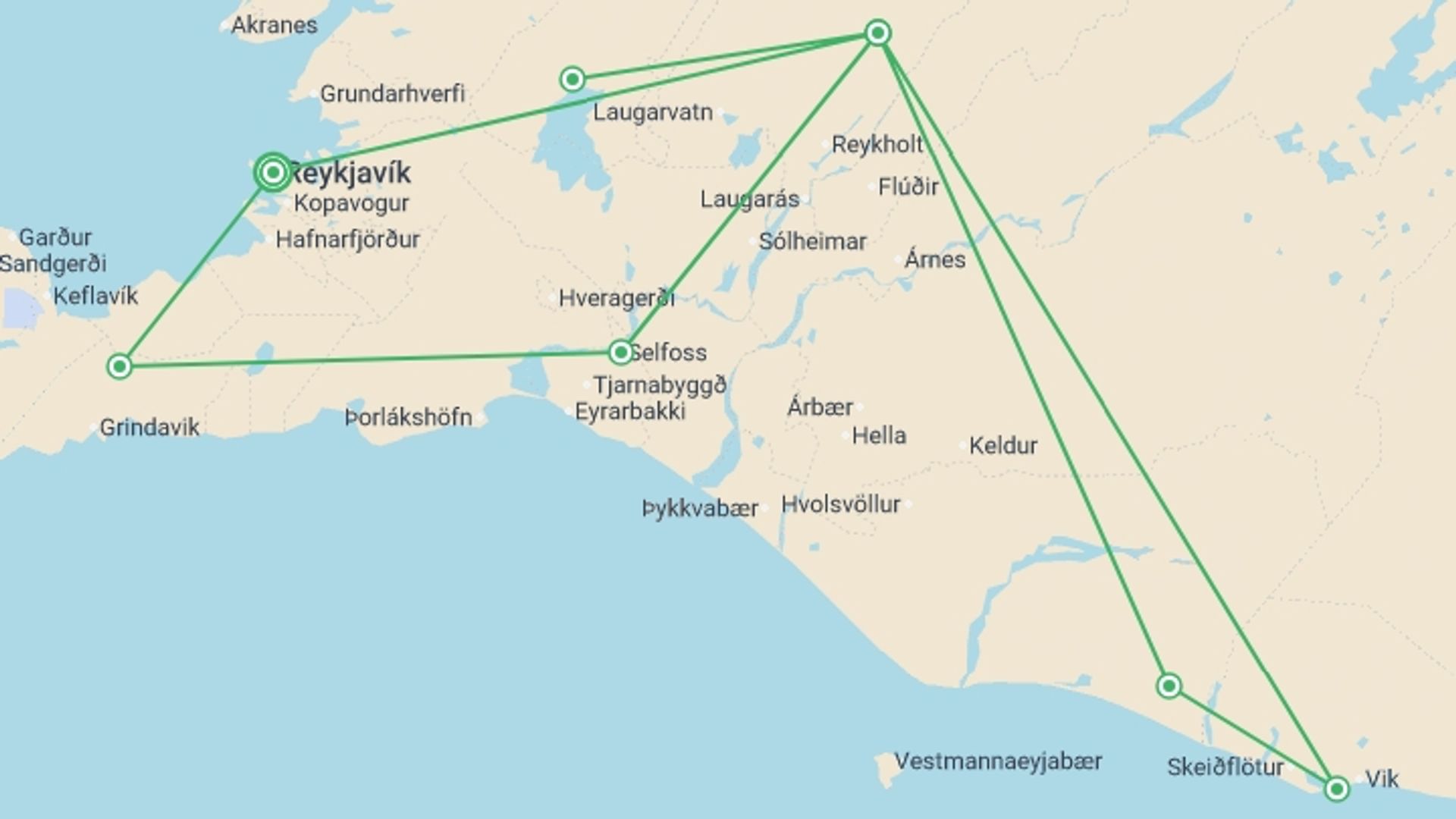 A map showing the tour itinerary for the trip: Southwest Iceland Discovered - 7 days, starting in Reykjavik, Iceland and ending in Reykjavik, Iceland going through 1 other destinations.
