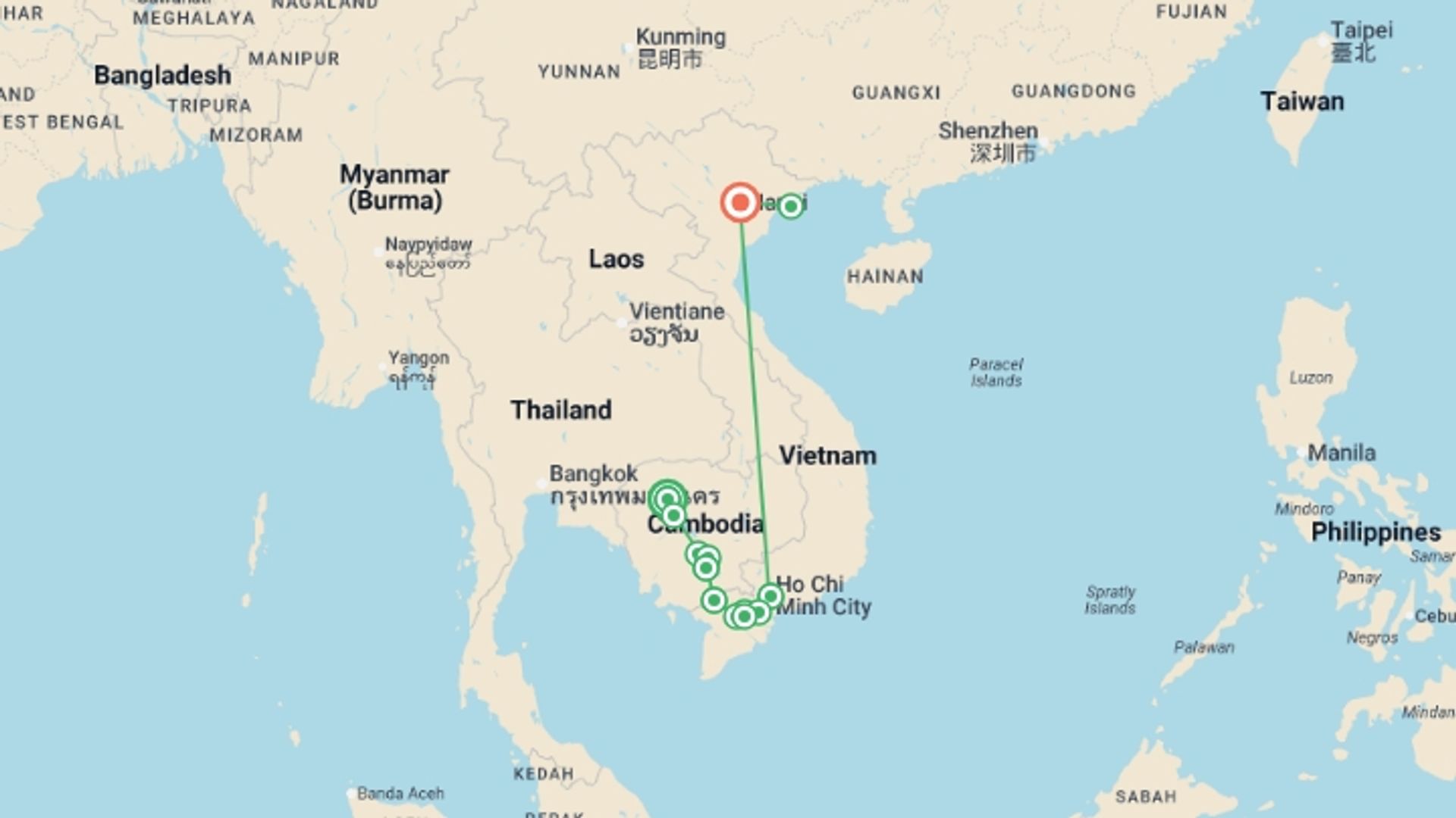 A map showing the tour itinerary for the trip: From the Temples of Angkor to the Mekong Delta & Hanoi and Halong Bay (port-to-port cruise), starting in Siem Reap, Cambodia and ending in Hanoi, Vietnam going through 7 other destinations.