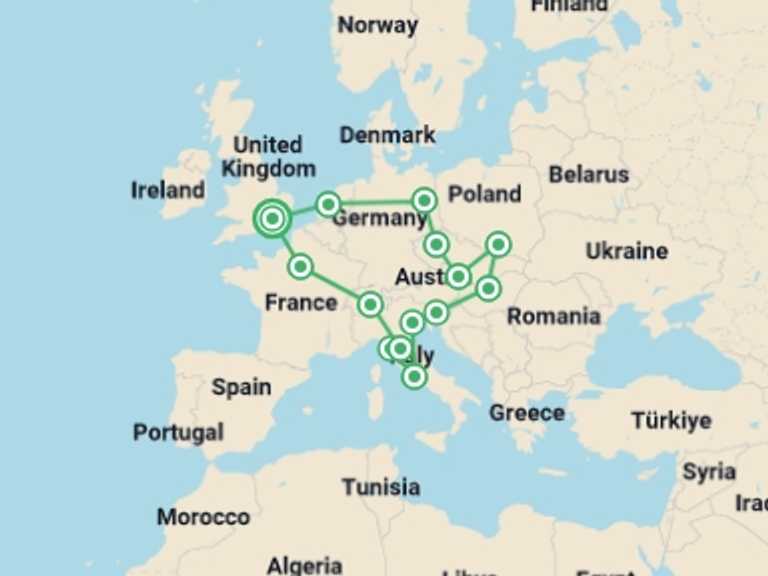 Map itinerary of France Tour in May 2026 with 13 destination visits for the trip: European Trail