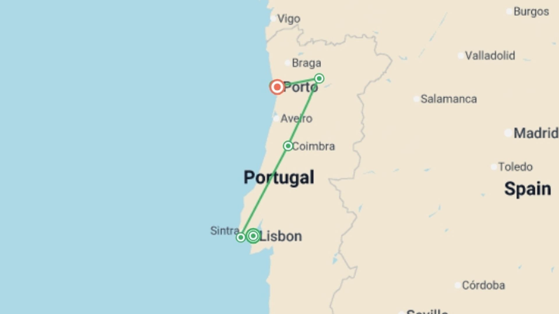 A map showing the tour itinerary for the trip: Premium Portugal, starting in Lisbon, Portugal and ending in Porto, Portugal going through 2 other destinations.