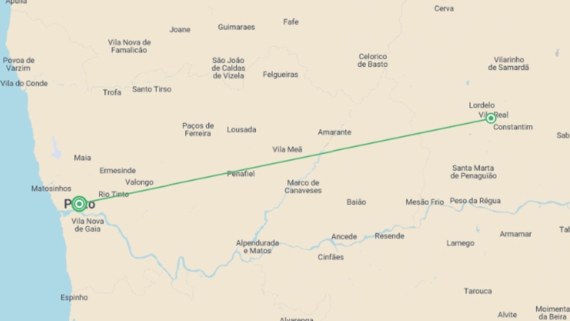 A map showing the tour itinerary for the trip: Porto & Douro Valley - 5 days, starting in Porto, Portugal and ending in Porto, Portugal going through 1 other destinations.