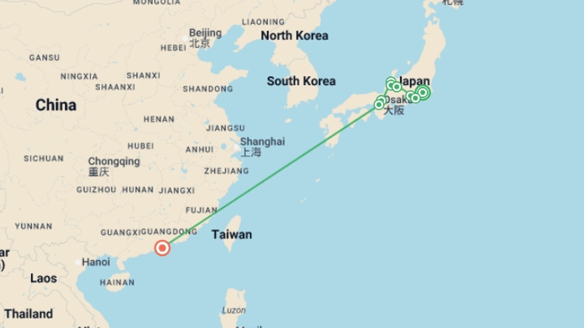 A map showing the tour itinerary for the trip: Highlights of Japan And Hong Kong, starting in Tokyo, Japan and ending in Hong Kong, Hong Kong going through 5 other destinations.
