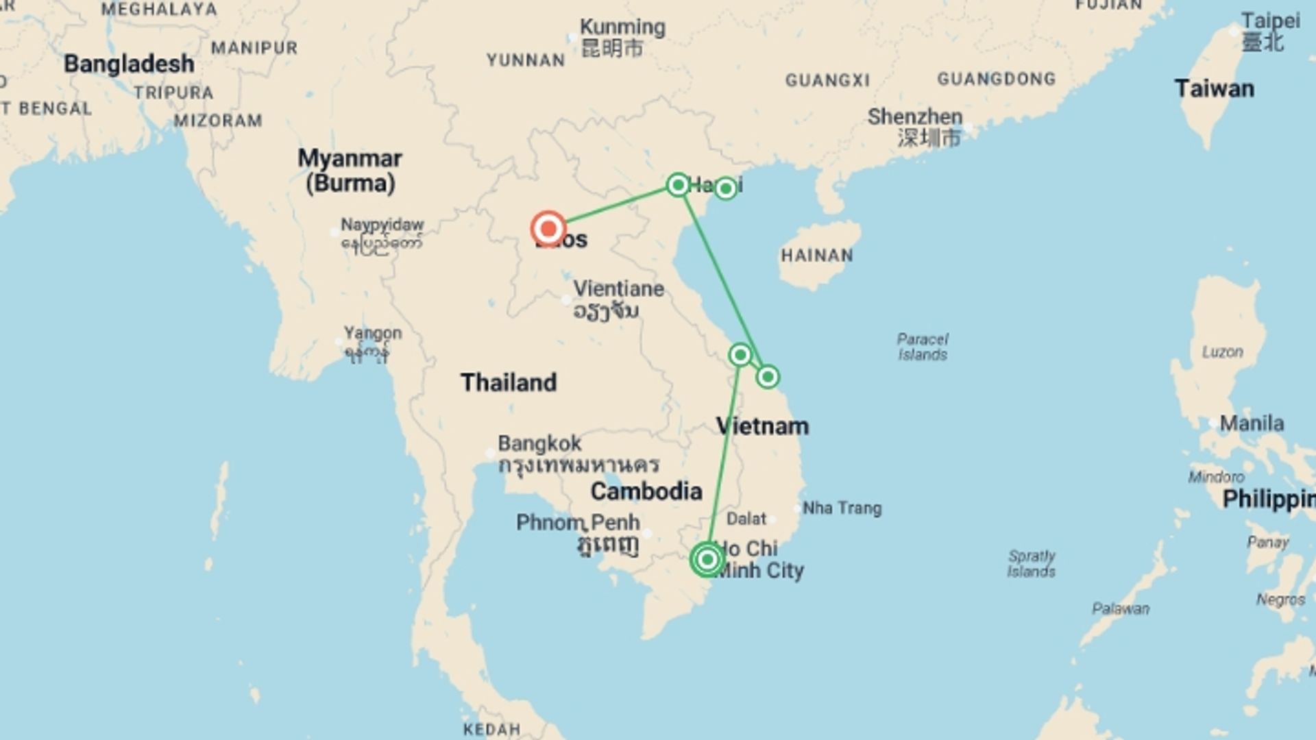 A map showing the tour itinerary for the trip: Sensational Vietnam and Laos, starting in Ho Chi Minh City, Vietnam and ending in Luang Prabang, Laos going through 4 other destinations.