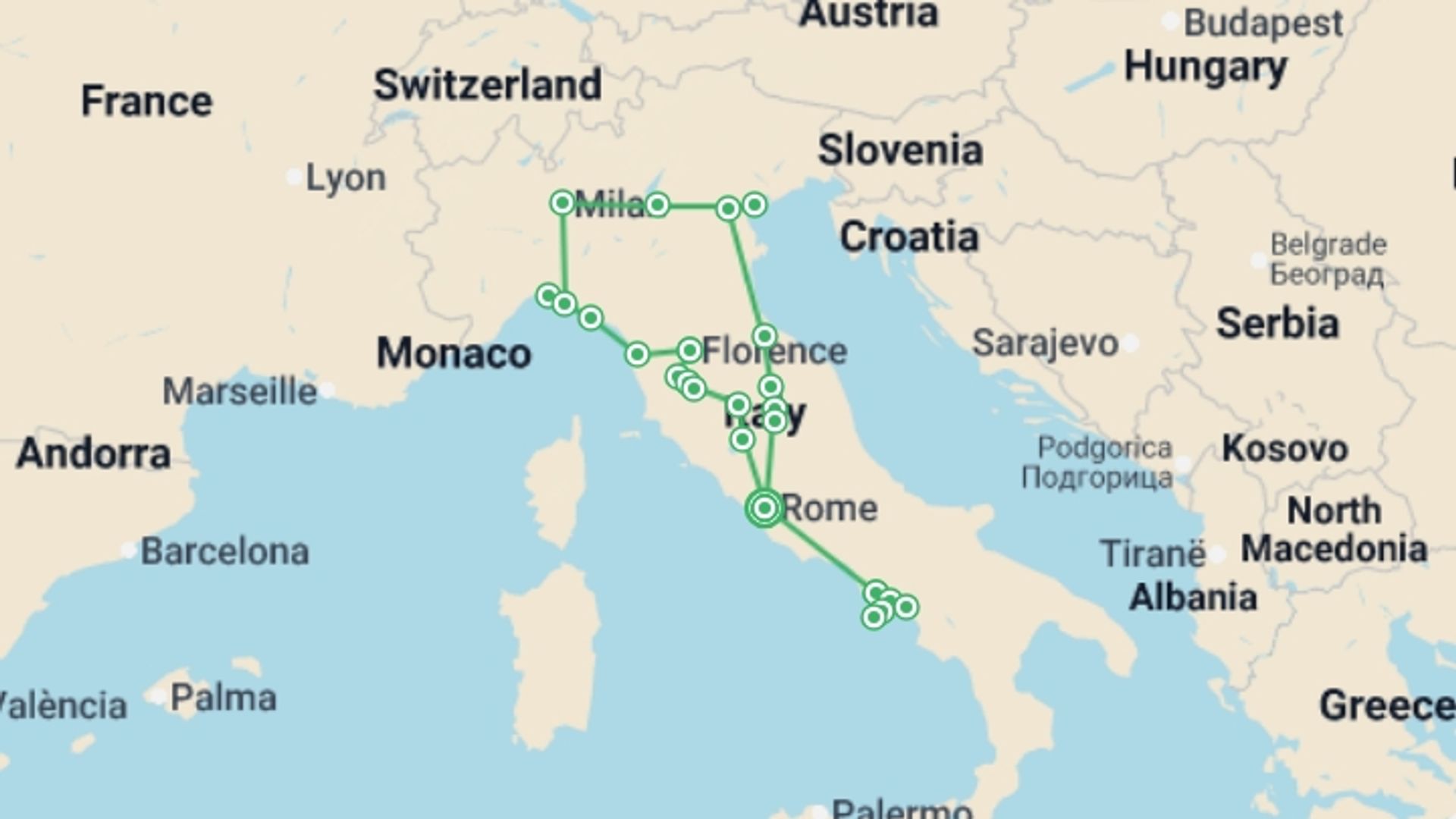 A map showing the tour itinerary for the trip: Golden Italy, starting in Rome, Italy and ending in Rome, Italy going through 9 other destinations.