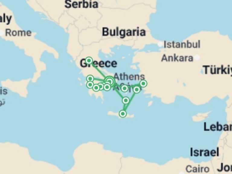 Map itinerary of Mediterranean Tour in October 2026 with 6 destination visits for the trip: Athens, the Beautiful Aegean and Complete Greece Ext