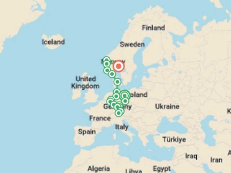 Map itinerary of Europe Tour in July 2026 with 10 destination visits for the trip: Germany and Norway