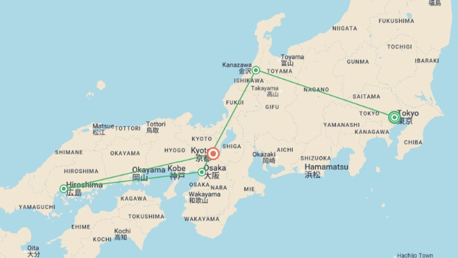 A map showing the tour itinerary for the trip: Highlights of Japan, starting in Tokyo, Japan and ending in Kyoto, Japan going through 3 other destinations.