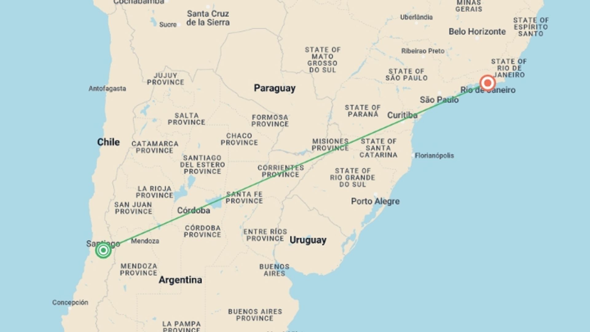 A map showing the tour itinerary for the trip: 19-Day Journey through South America, starting in Santiago, Chile and ending in Rio de Janeiro, Brazil going through 0 other destinations.