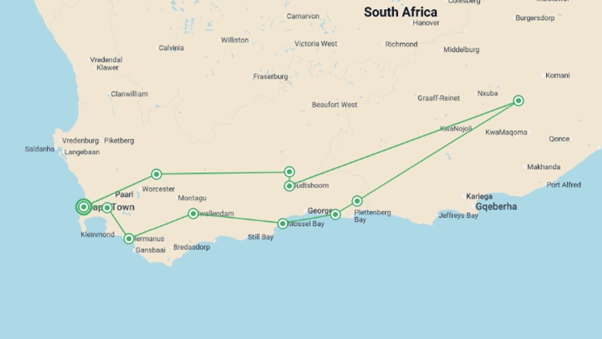A map showing the tour itinerary for the trip: Cape Town & the Garden Route, starting in Cape Town, South Africa and ending in Cape Town, South Africa going through 5 other destinations.