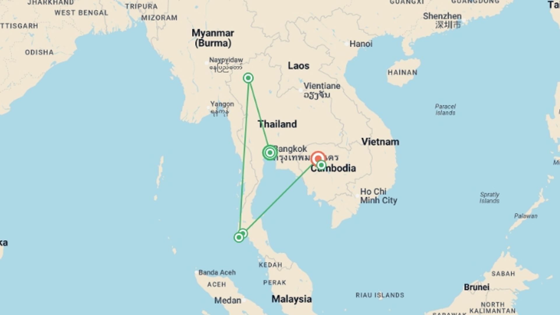 A map showing the tour itinerary for the trip: Thailand & Cambodia Timeless Wonders - 12 days, starting in Bangkok, Thailand and ending in Siem Reap, Cambodia going through 5 other destinations.