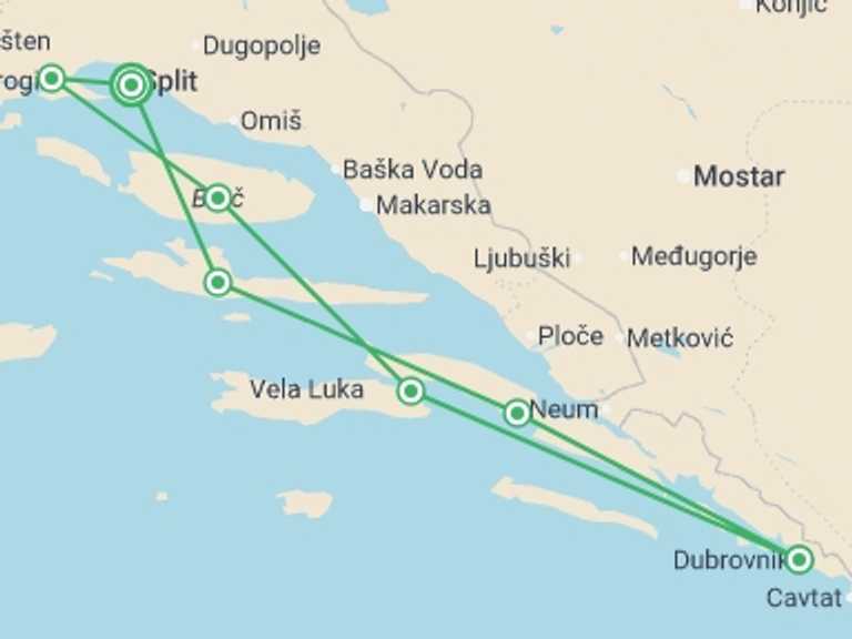 Map itinerary of Split Tour in Spring with 7 destination visits for the trip: Dalmatian Elegance