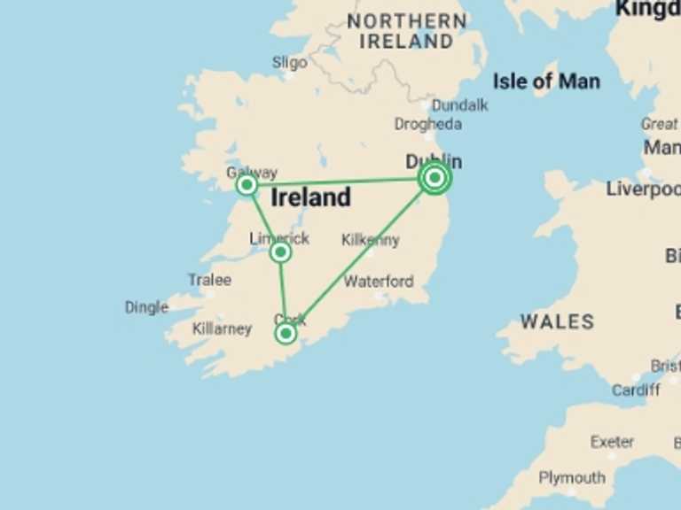 Map of Dublin City sightseeing Tour with 4 destination visits for the trip: Highlights of Ireland