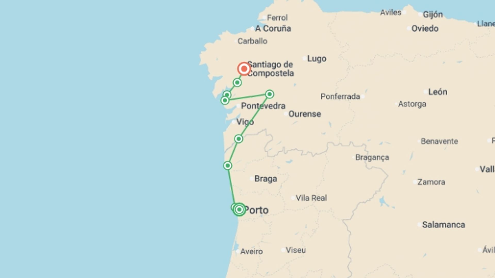 A map showing the tour itinerary for the trip: Portuguese Camino Highlights Walk, starting in Porto, Portugal and ending in Santiago De Compostela, Spain going through 6 other destinations.