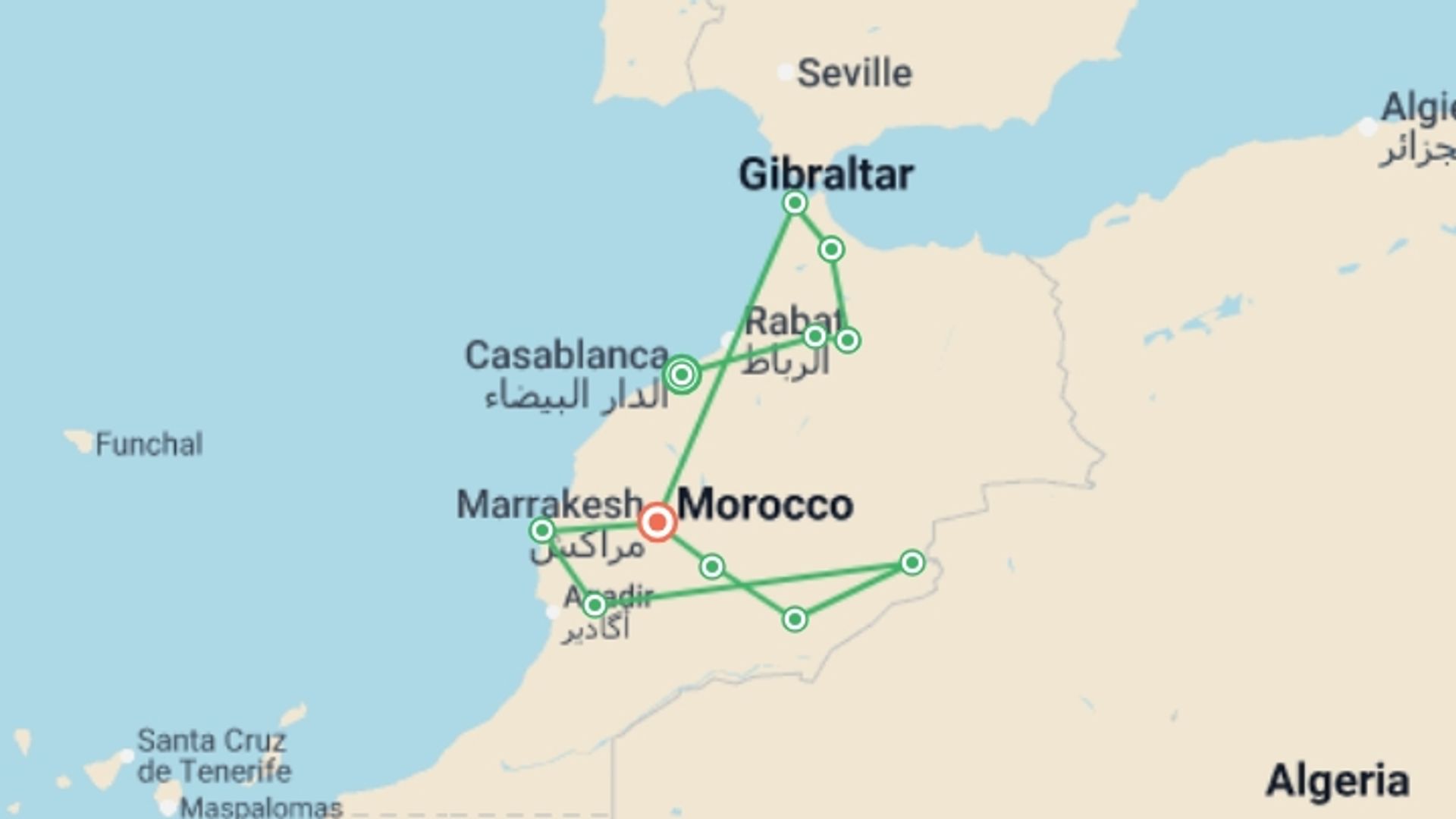 A map showing the tour itinerary for the trip: Morocco Encompassed, starting in Casablanca, Morocco and ending in Marrakech, Morocco going through 9 other destinations.