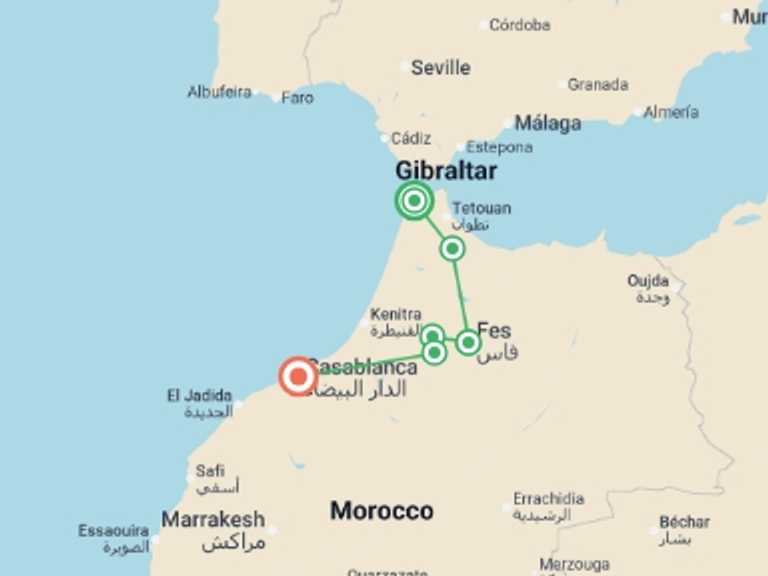 Map of Mediterranean Tour with 4 destination visits for the trip: Tangier to Casablanca - 6 days