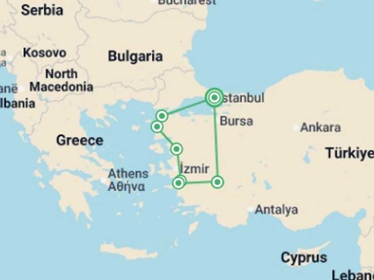 Map itinerary of Europe Tour in May 2026 with 5 destination visits for the trip: Private Aegean Trooper Tour
