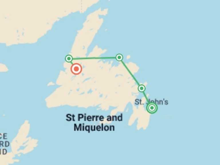 Map itinerary of Canada Tour in Spring with 6 destination visits for the trip: Newfoundland Adventure: Westbound