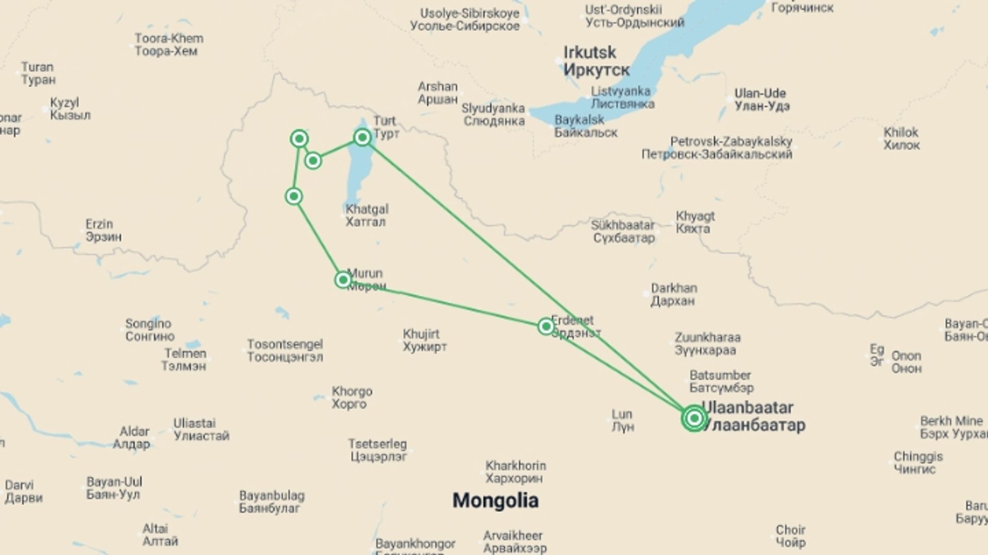 A map showing the tour itinerary for the trip: Mongolia Expedition: Reindeer Herders, starting in Ulaanbaatar, Mongolia and ending in Ulaanbaatar, Mongolia going through 6 other destinations.