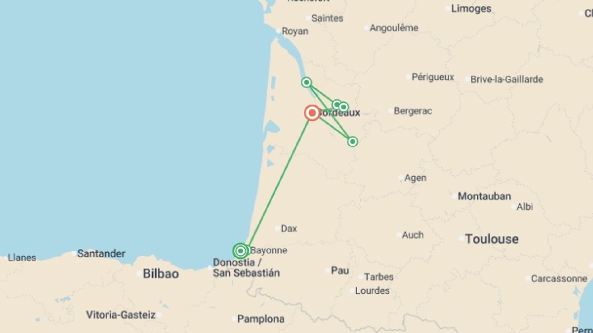 A map showing the tour itinerary for the trip: From the French Basque Country to Bordeaux - Fine French cuisine at the foot of the Pyrenees and a cruise to discover Bordeaux and its outlying areas (port-to-port cruise), starting in Nouvelle-Aquitaine, France and ending in Bordeaux, France going through 4 other destinations.