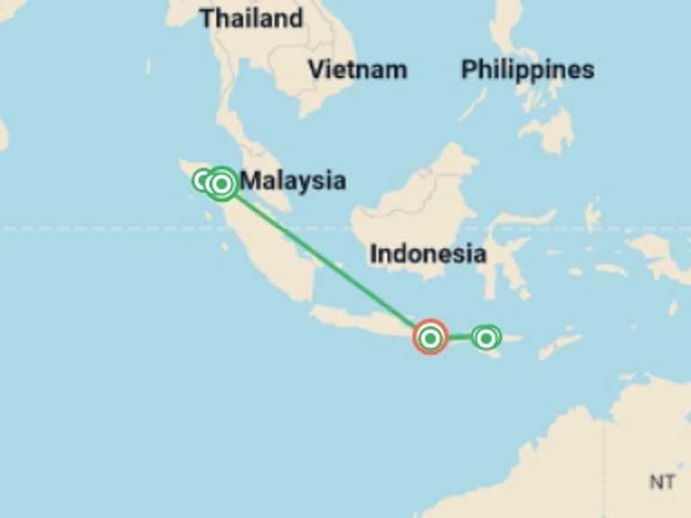 Map of Indonesia Tour with 8 destination visits for the trip: Primates & Dragons of Indonesia
