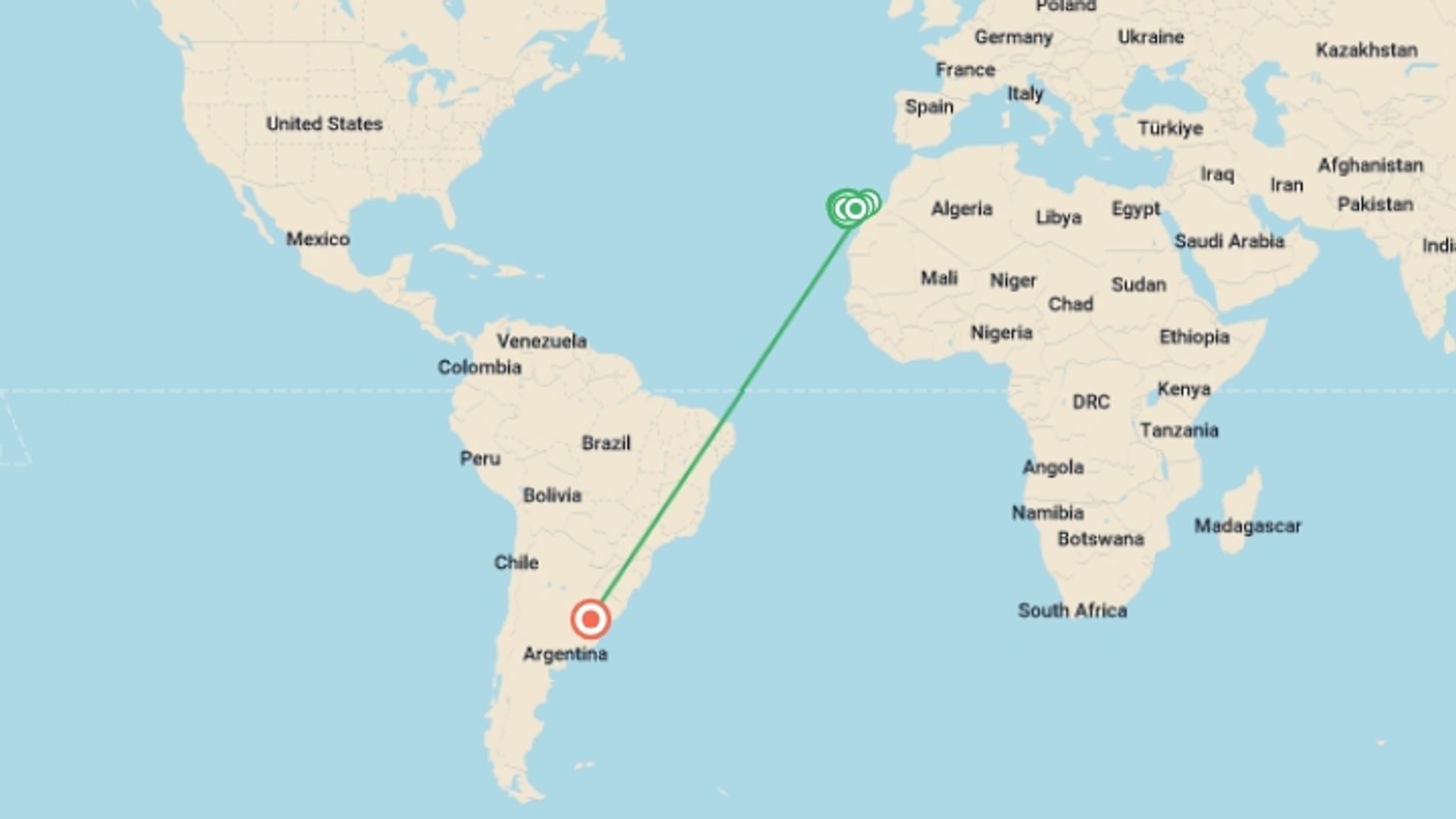 A map showing the tour itinerary for the trip: Cruise through the Canary Island Archipelago, eternal Springtime, starting in Tenerife, Spain and ending in Buenos Aires, Argentina going through 6 other destinations.