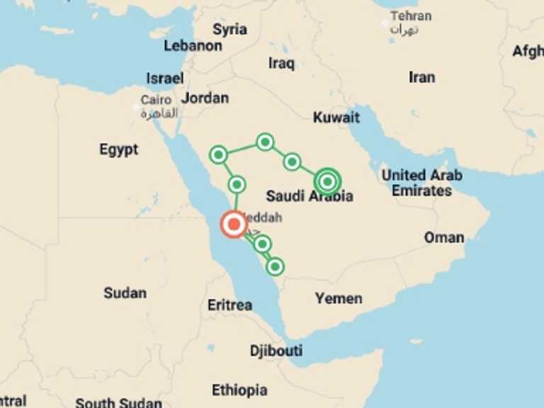 Map itinerary of Asia Tour in December 2026 with 8 destination visits for the trip: Best of Saudi Arabia: Riyadh to Asir