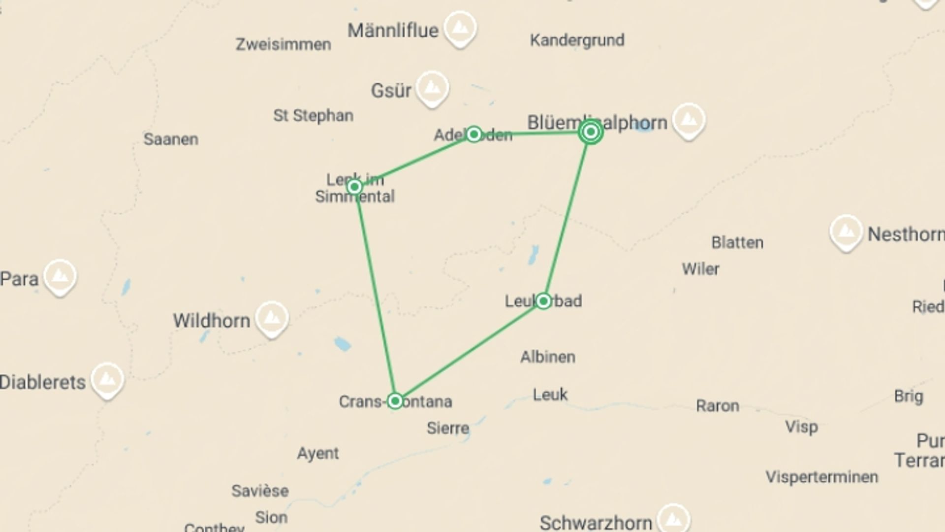 A map showing the tour itinerary for the trip: Kandersteg & the Wildstrubel Circuit, starting in Kandersteg, Switzerland and ending in Kandersteg, Switzerland going through 4 other destinations.