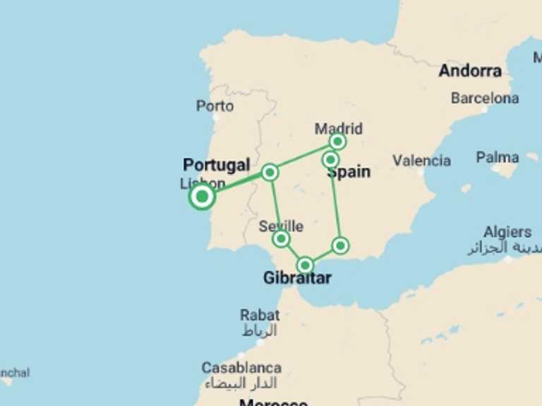 Map of 5-Day Madrid Tour with 5 destination visits for the trip: 5 Day Guided Tour Andalucia And Madrid From Lisbon