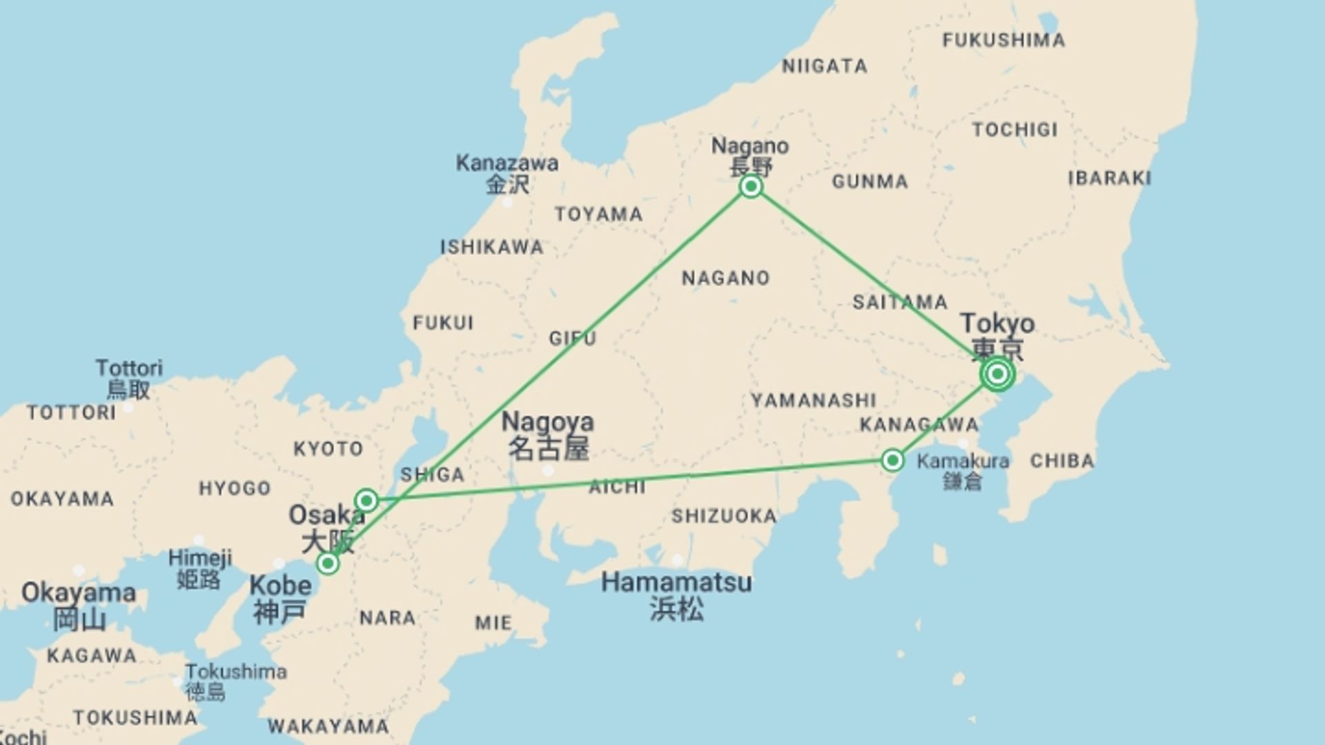 A map showing the tour itinerary for the trip: Japan in winter – 11 Days, starting in Tokyo, Japan and ending in Tokyo, Japan going through 5 other destinations.