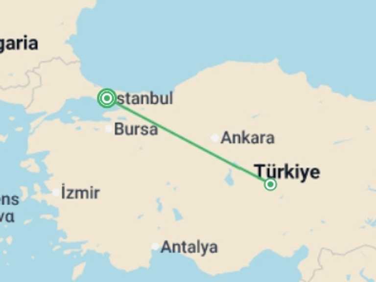 Map itinerary of Europe Tour in December 2026 with 2 destination visits for the trip: Mystic Valleys And Imperial Cities Of Türkiye