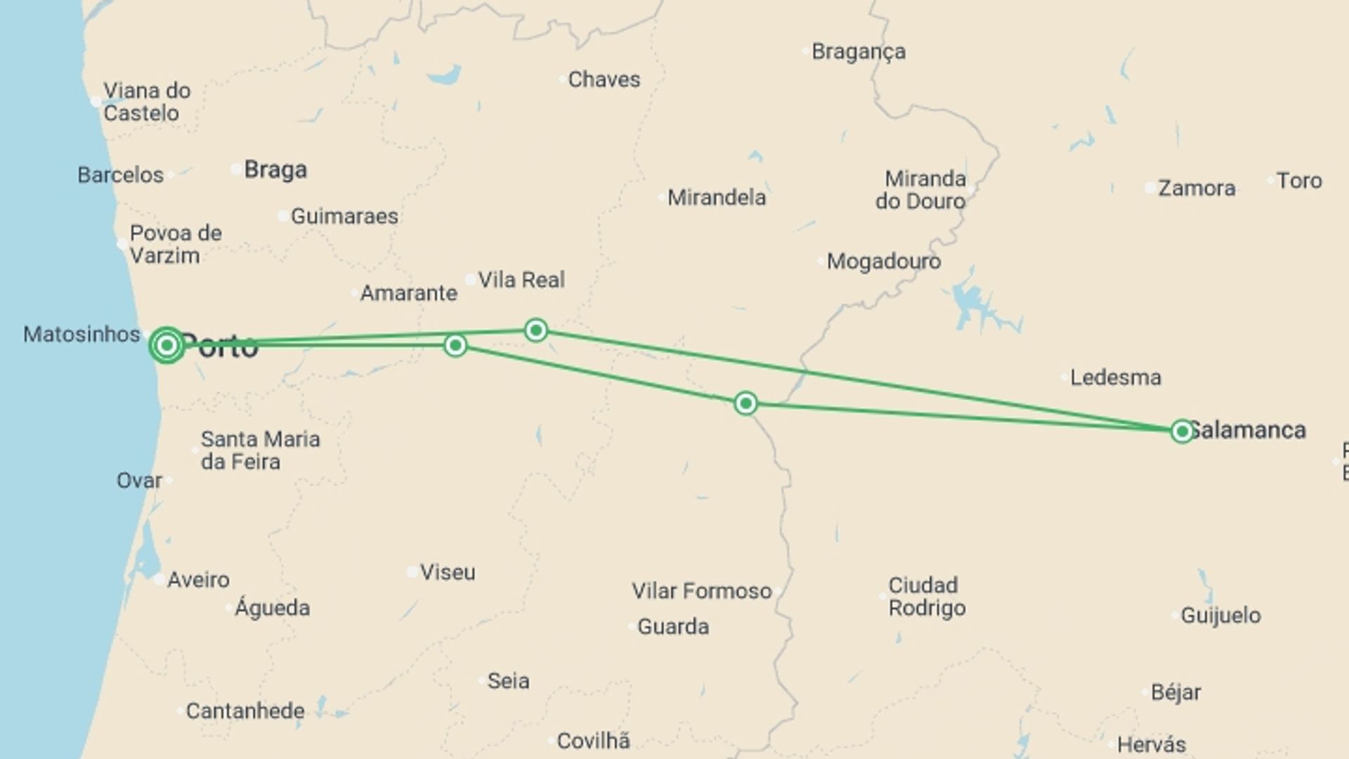 A map showing the tour itinerary for the trip: Family Club - From Portugal to Spain: Porto, the Douro Valley (Portugal) and Salamanca (Spain) (port-to-port cruise), starting in Porto, Portugal and ending in Porto, Portugal going through 4 other destinations.