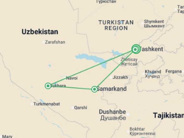 Map itinerary of Uzbekistan Tour in September 2025 with 4 destination visits for the trip: Splendours of Uzbekistan