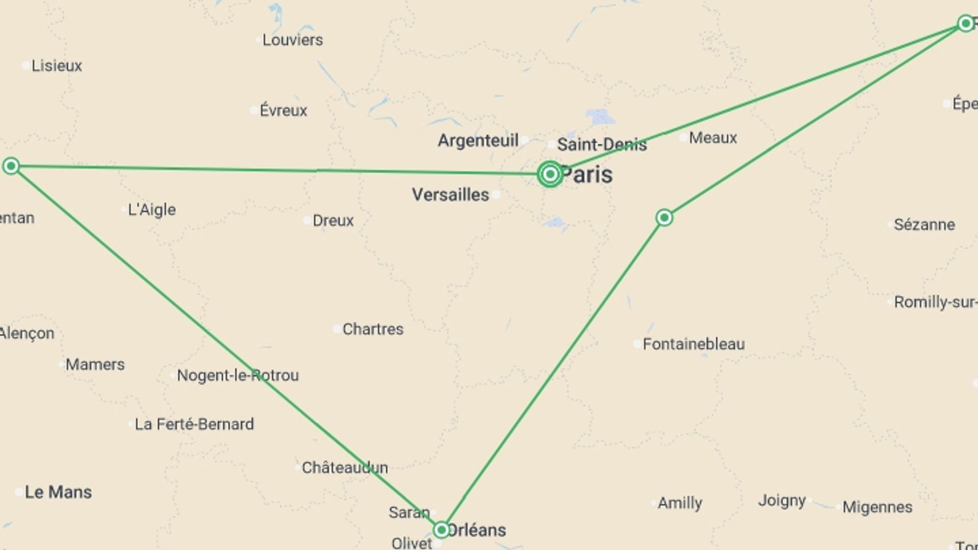 A map showing the tour itinerary for the trip: France in a Week, starting in Paris, France and ending in Paris, France going through 3 other destinations.