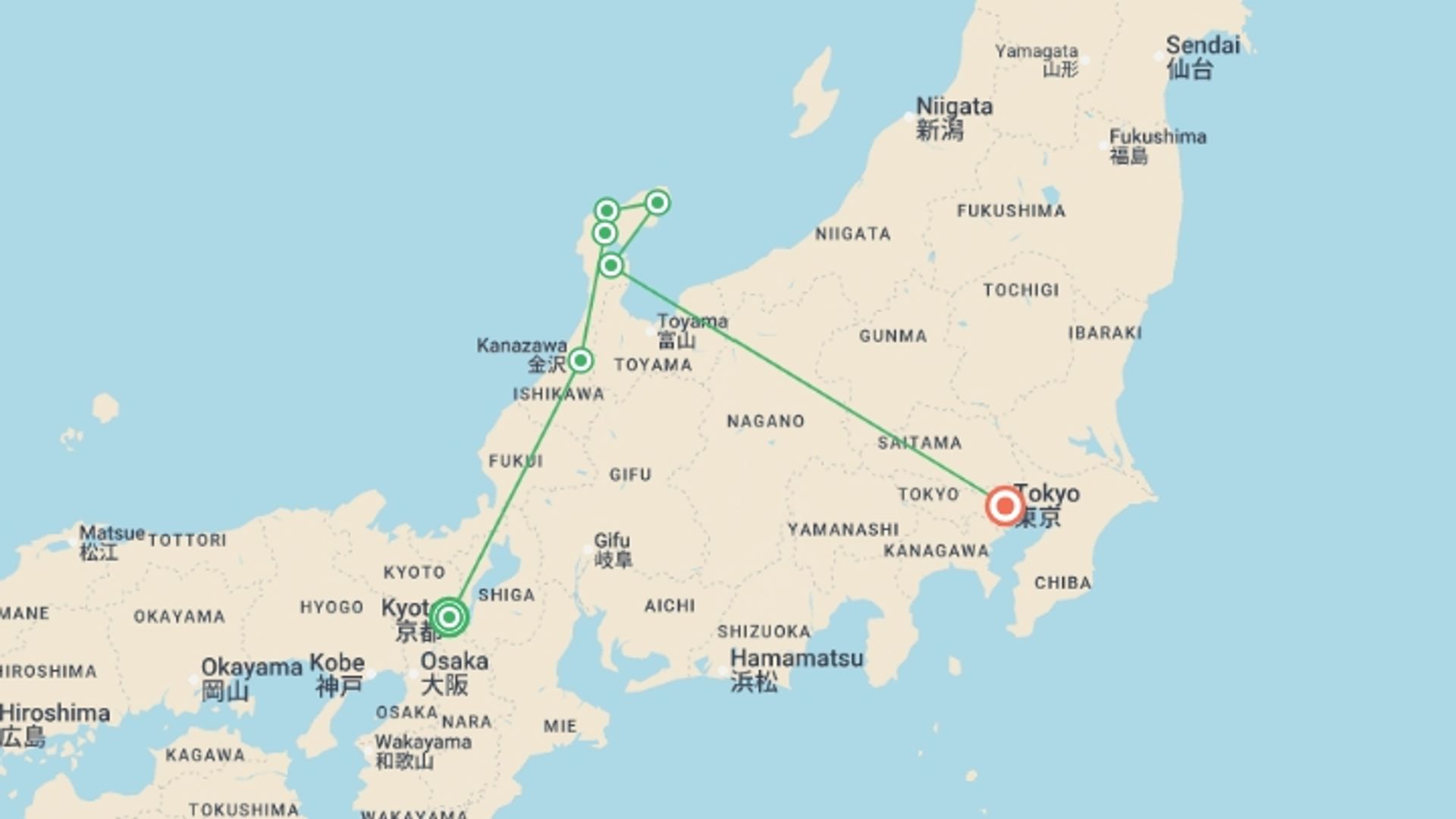 A map showing the tour itinerary for the trip: Cycle Japan, starting in Kyoto, Japan and ending in Tokyo, Japan going through 6 other destinations.