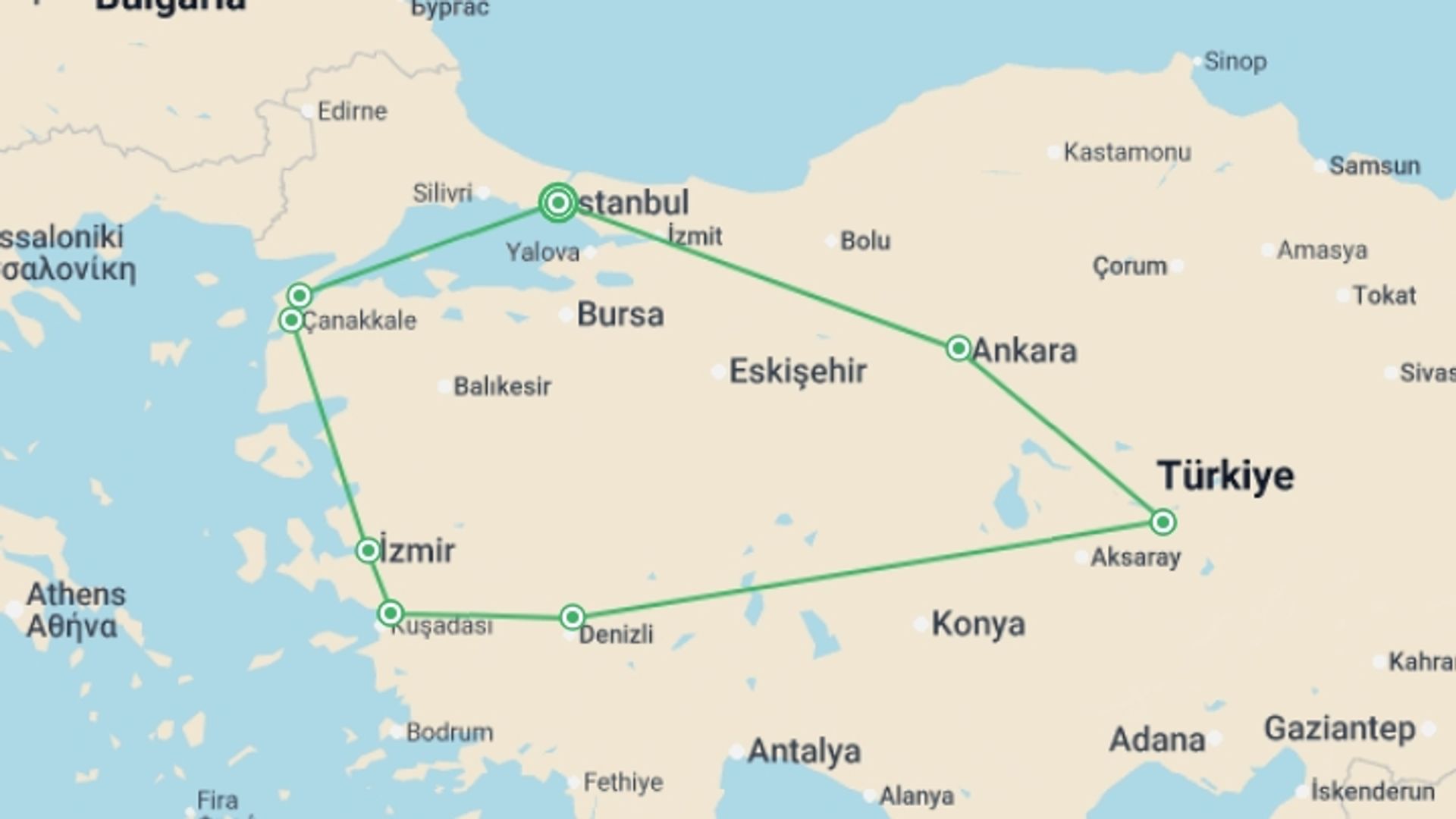 A map showing the tour itinerary for the trip: Wonders of Anatolia - 10 days, starting in Istanbul, Turkey and ending in Istanbul, Turkey going through 5 other destinations.