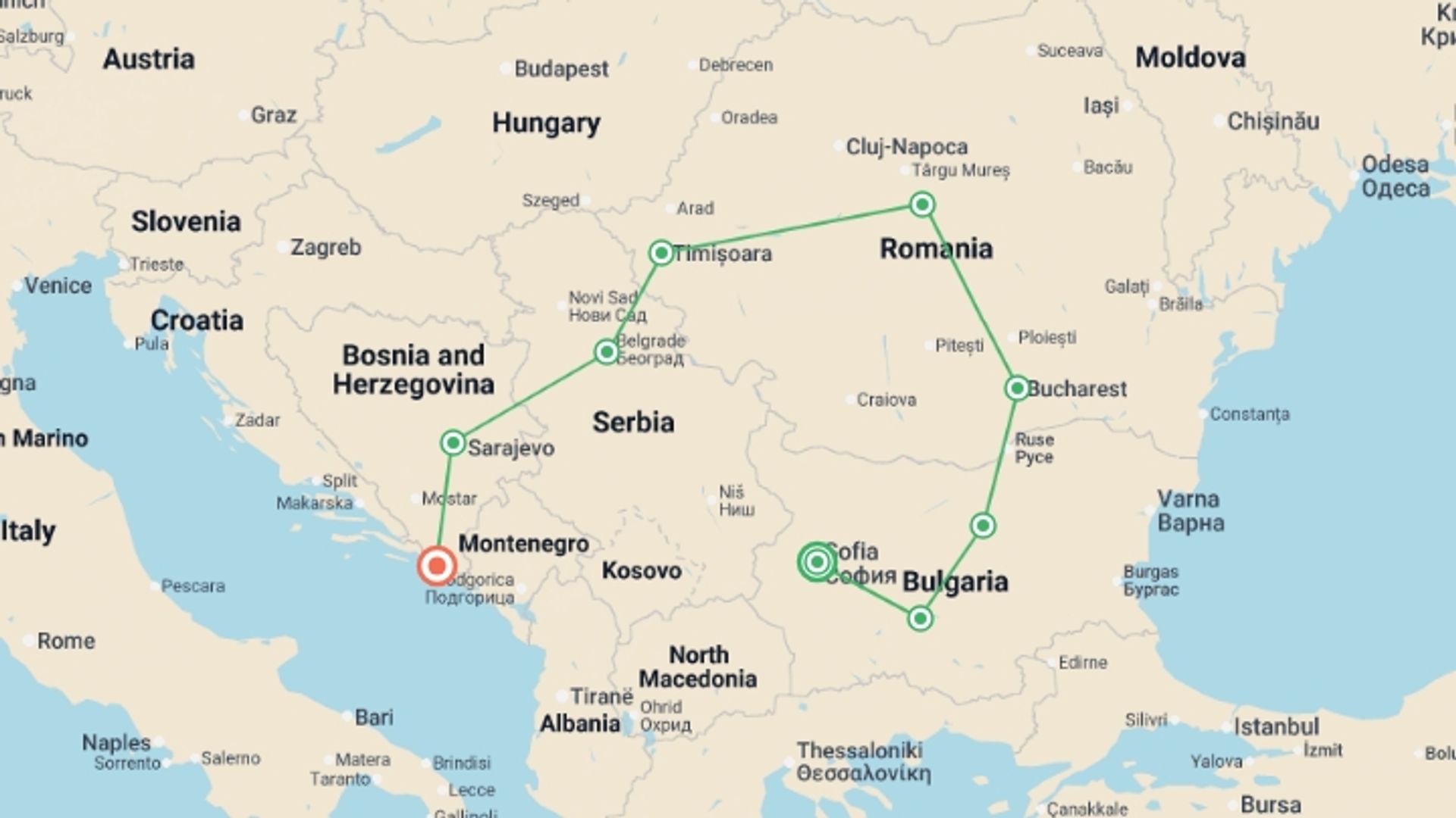 A map showing the tour itinerary for the trip: From Sofia to Dubrovnik, starting in Sofia, Bulgaria and ending in Dubrovnik, Croatia going through 7 other destinations.